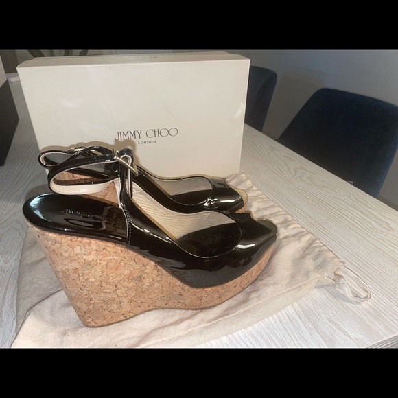 Jimmy Choo Black Patent Leather Espadrille Wedges Size 40 - Picture 5 of 9